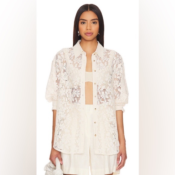 NWT Free People In Your Dreams Lace Button-Up Shirt in Tea Size Medium - Picture 9 of 10